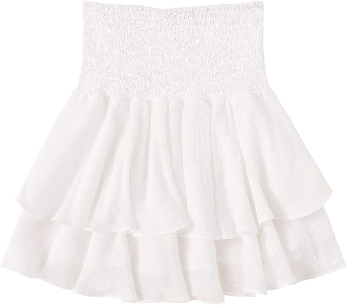 SheIn Women's Solid Shirred High Waist Layered Ruffle Hem Flared Mini Skirt White S : Clothing, S... | Amazon (US)