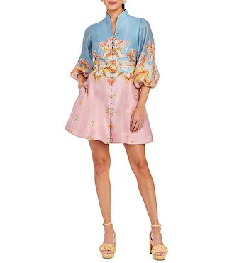 Valencia Linen Blend Placement Print Mandarin Collar 3/4 Balloon Sleeve Fit & Flare Mini Dress | Dillard's