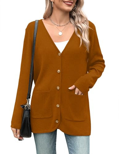 Zeagoo Women's V Neck Button Long Cardigan Sweater Casual 2025 Fall Knit Sweater Blazer with Pockets Caramel | Amazon (US)