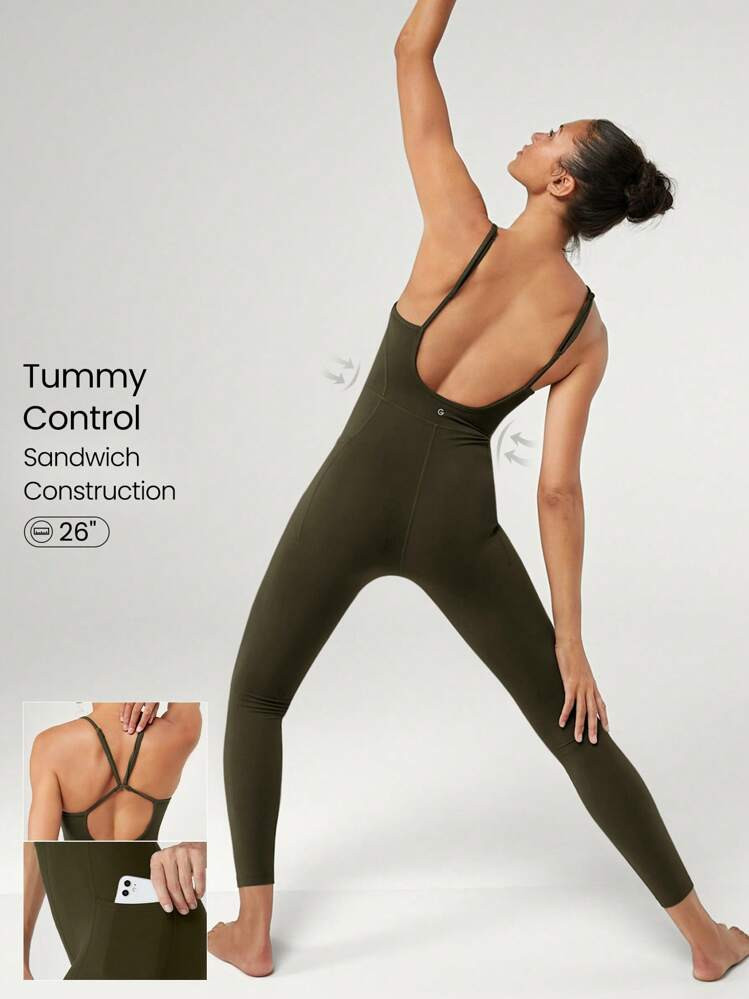 GLOWMODE 26" FeatherFit™ U-Back Tummy Control Pocket Adjustable Jumpsuit Bodysuit Light Support Low Impact Yoga Studio Summer | SHEIN