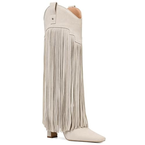 Mattiventon Fringe Boots Knee High Boots for Women with Square Toe Chunky Heel Pull On Suede Tall Boot for Party Dating 2025 | Amazon (US)