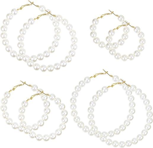 4 Pairs Faux Pearl Hoop Earrings Circle Dangle Drop Earrings Lightweight Artificial Pearl Beaded ... | Amazon (US)