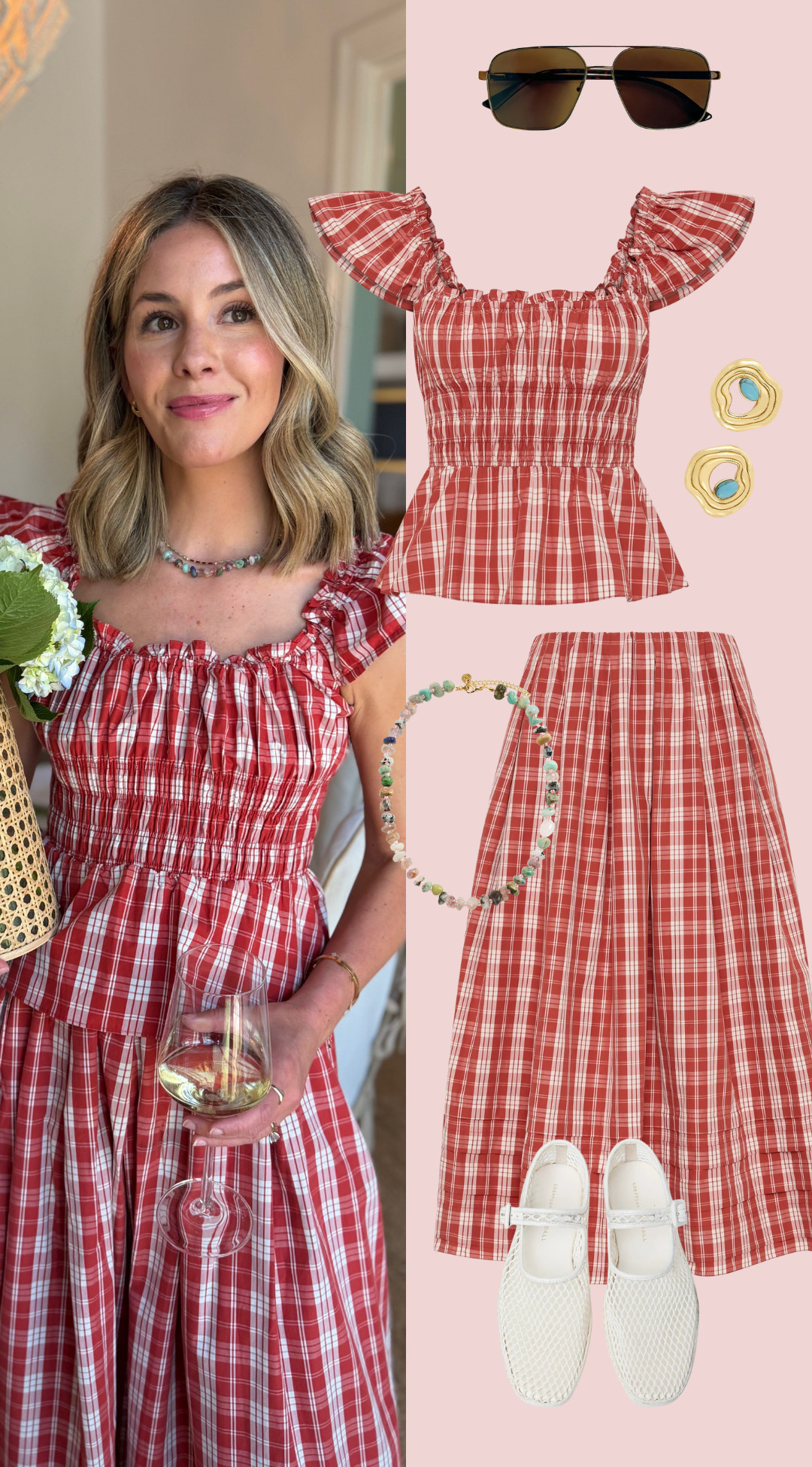 such a fun matching set for these in-between summer and fall days. i love the red plaid, smocked top, and full skirt together, but both pieces would be so good styled separately too.

the little ruffle sleeves make the top feel extra special, and i love it here with woven flats, simple jewelry, and sunglasses. such a cute option for lunch, a casual event, or a weekend out.

wearing a size 4 in both.  

 #LTKootd #LTKSeasonal