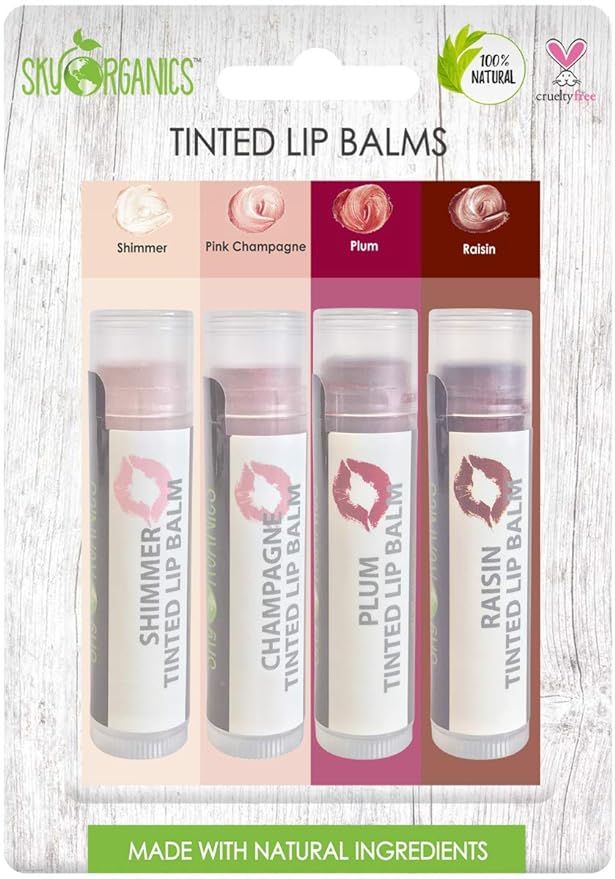 Organic Tinted Lip Balm by Sky Organics – 4 Pack Assorted Colors – Coconut Oil, Cocoa Butter,... | Amazon (US)