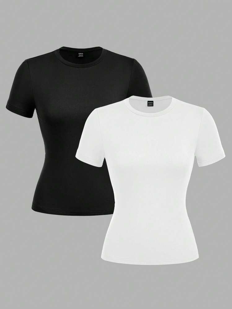 SHEIN EZwear 2 Pcs Casual Minimalist Basic Crew Neck Short Sleeve T-Shirts, Suitable For Spring/Summer Layering Suitable For Going Out | SHEIN