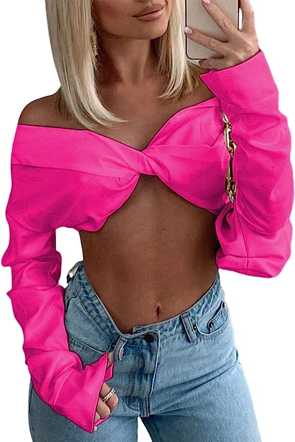 Remidoo Women's Sexy Twist Front Long Sleeve Off Shoulder Crop Top Bardot Blouse Hot Pink X-Large... | Amazon (US)