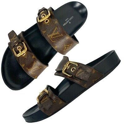 Louis Vuitton Bom Dia Flat Mule Sandals EU 38 US 8 Brown Monogram Buckle Slides | eBay US