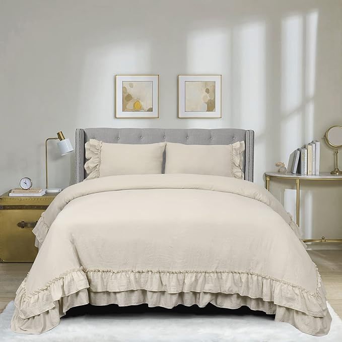 HIG 3 Piece Farmhouse Ruffled Duvet Cover Set Queen, Camel Vintage Duvet Cover with 2 Rows of Han... | Amazon (US)