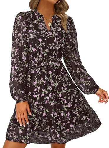 PRETTYGARDEN Women's Fall Boho Dresses 2025 Floral Long Sleeve V Neck Mini Flowy Wedding Guest Dress Trendy Vacation Outfits (Floral Coffee,Small) | Amazon (US)