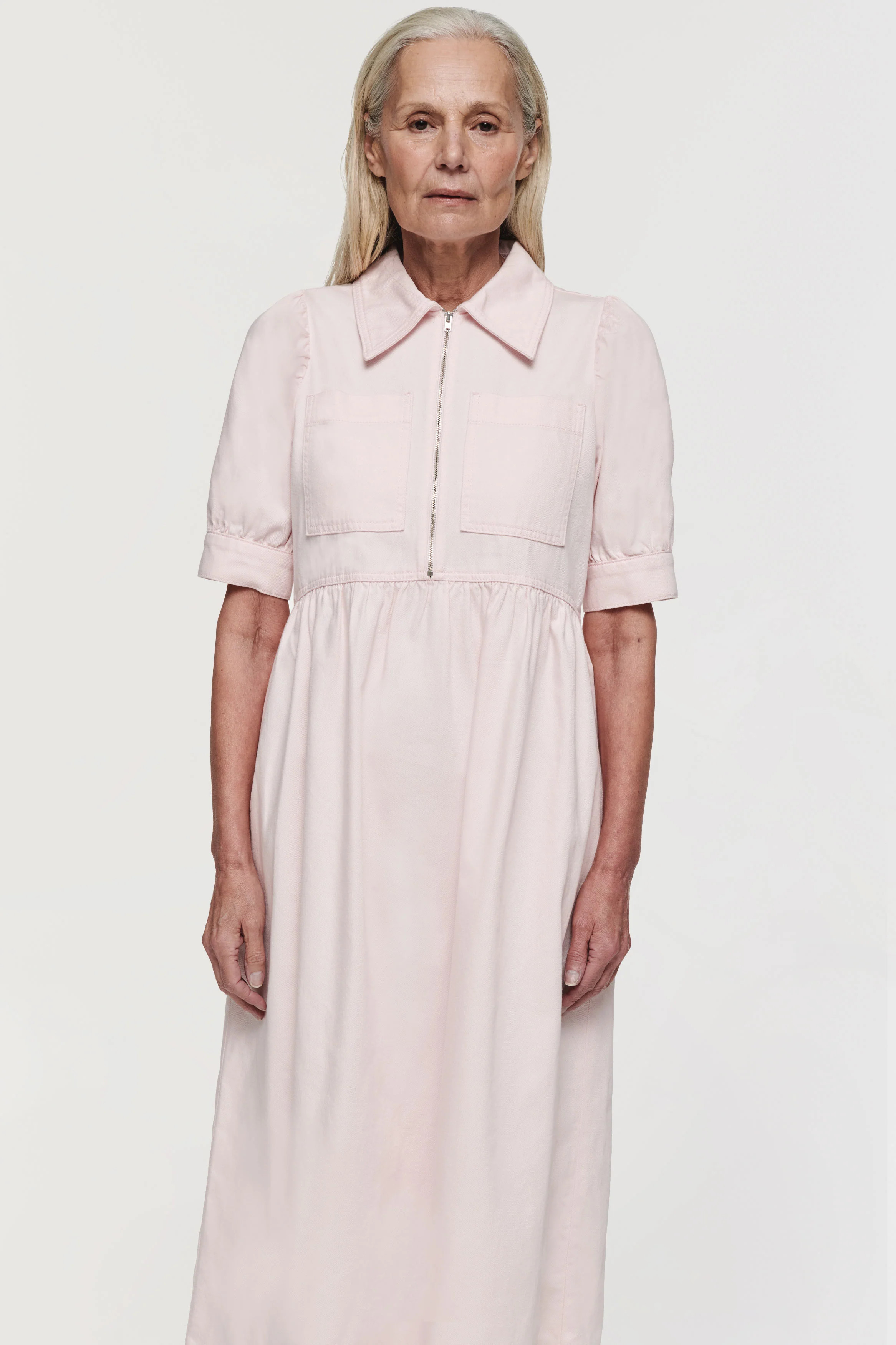 Gabriella | Short Sleeve Midi Denim Dress in Light Pink | ALIGNE | Aligne UK