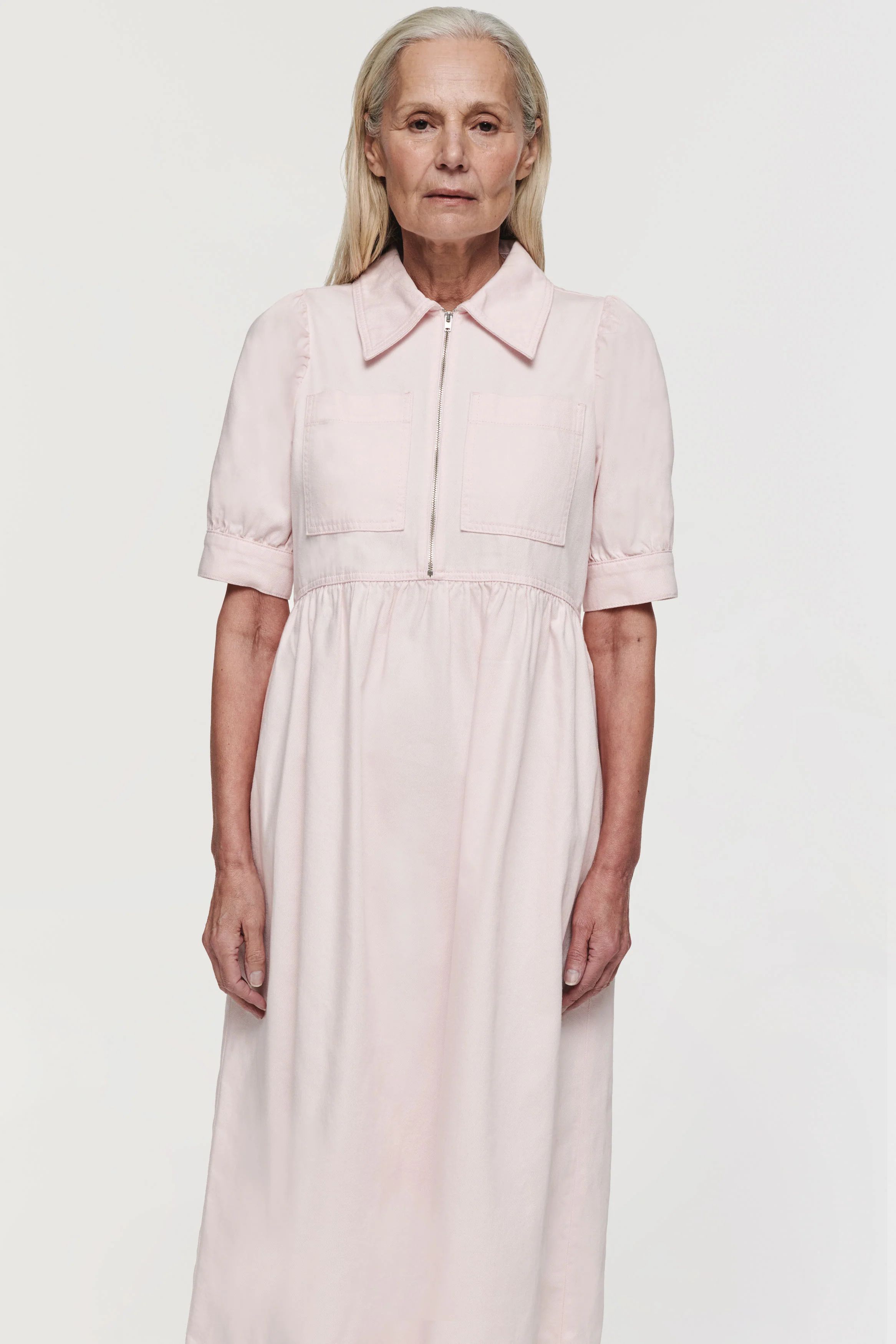 Gabriella | Short Sleeve Midi Denim Dress in Light Pink | ALIGNE | ALIGNE USA