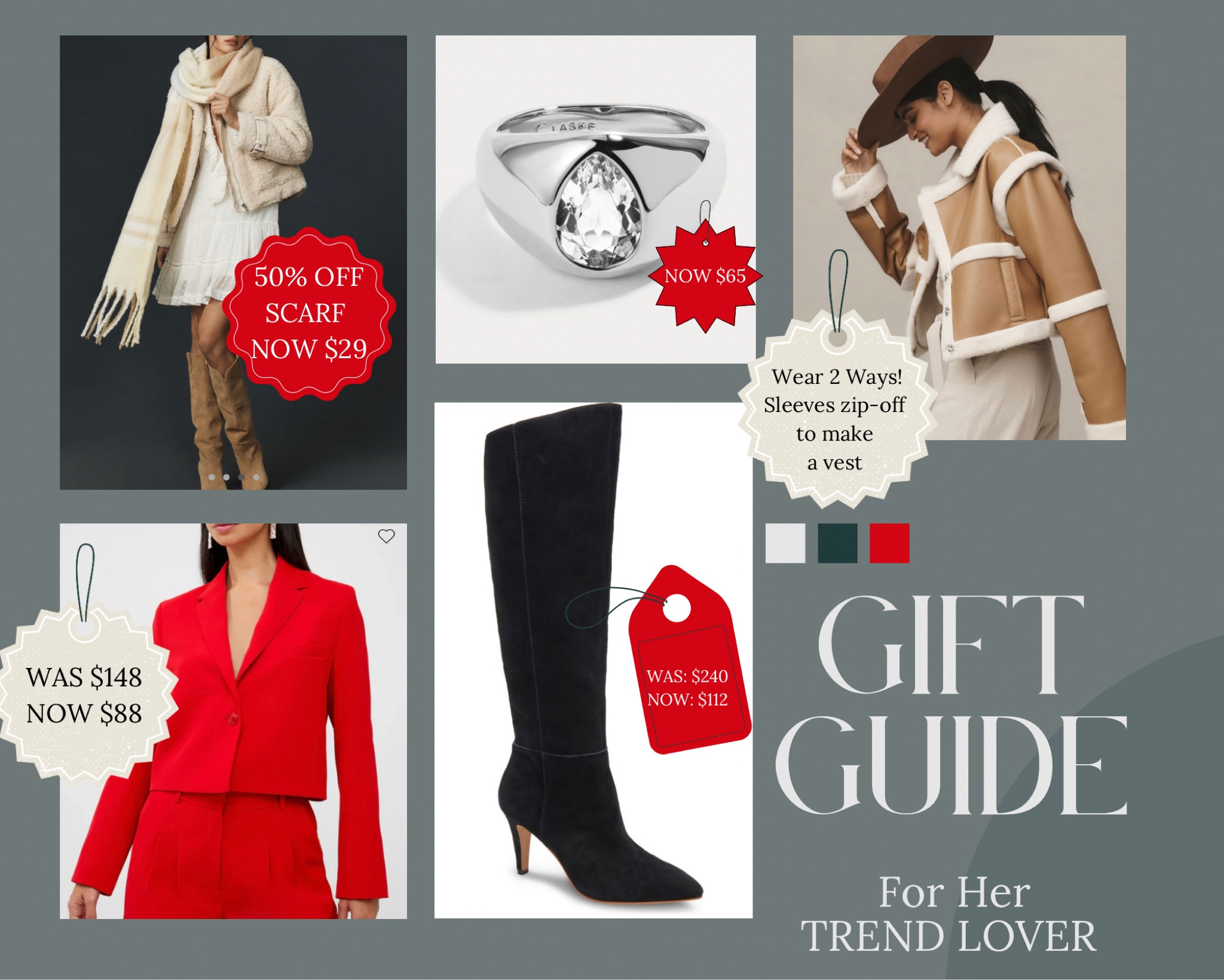 TREND LOVER GIFT GUIDE! From knee high boots & silver jewelry, to cropped jackets, shearling & chunky scarfs, everything is on sale! Add items to cart and discounts should appear at checkout🎉 #ltkholiday #cybermondaydeals #trendlover #sherpajacket #aviatorjacket #silverjewelry #croppedblazer #winteroutfit #holidayoutfit #christmasoutfitideas #red #kneehighboot #widecalfboot

#LTKCyberWeek #LTKsalealert #LTKGiftGuide