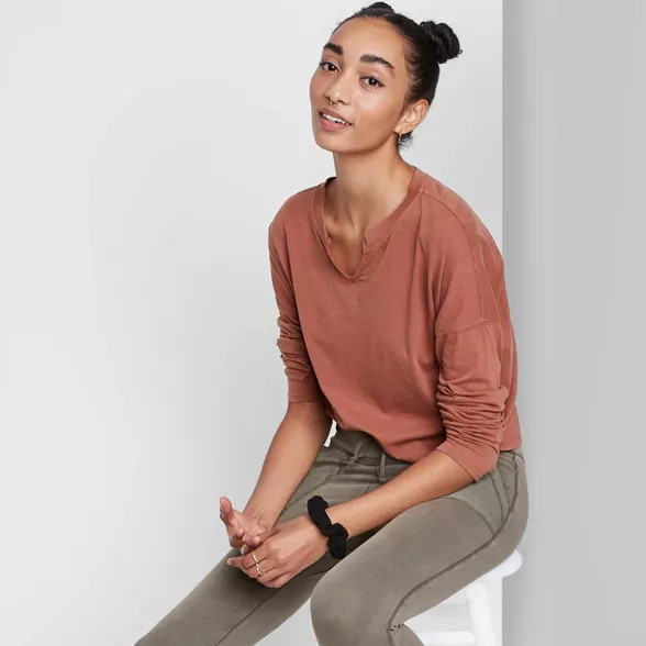 Women's Long Sleeve V-Neck Notch Front Cropped Boxy T-Shirt - Wild Fable™ | Target