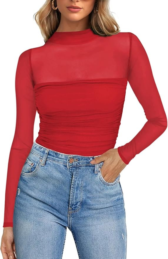 Poetsky Women's Sexy Sheer Long Sleeve Tops Mock Turtle Neck Mesh Ruched Fall Trendy Going Out Sh... | Amazon (US)