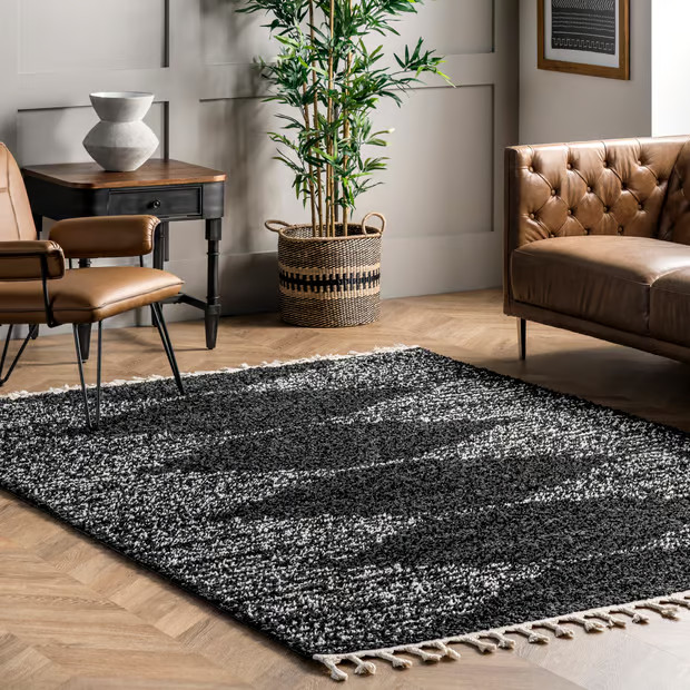 Black Moroccan Diamond Pinstripes Tassel Area Rug | Rugs USA