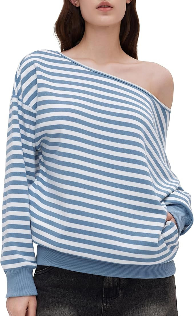 OMKAGI Off the Shoulder Tops for Women Long Sleeve Oversized Sweatshirt with Pockets | Amazon (US)