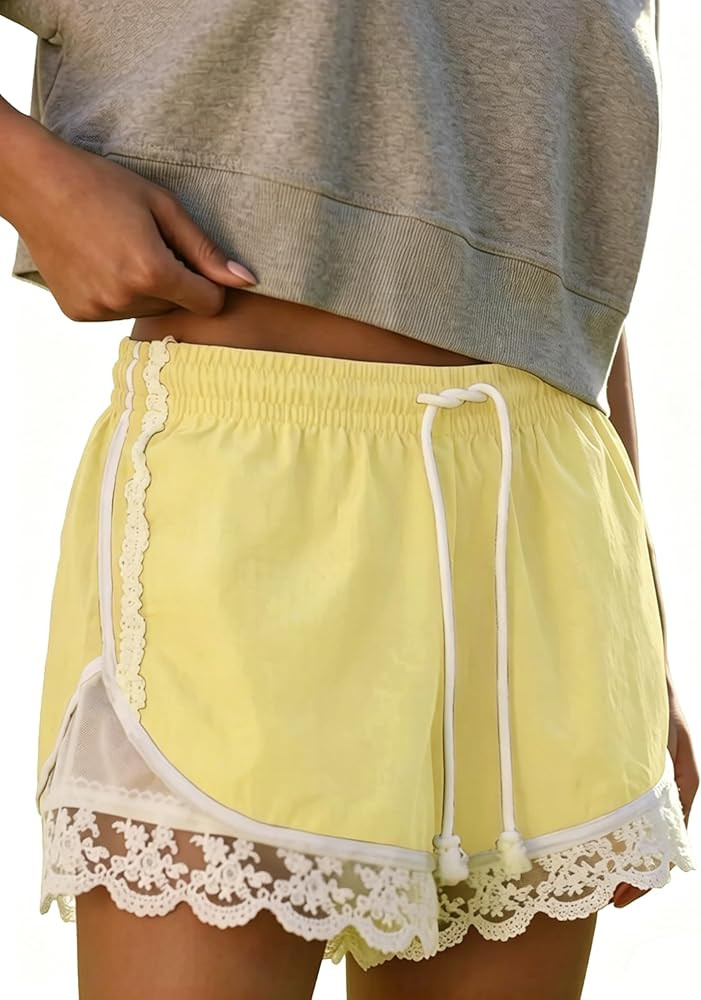 Womens Lace Trim Drawstring Shorts Casual Elasticated Summer Y2K Beach Bottoms Athletic Shorts | Amazon (US)