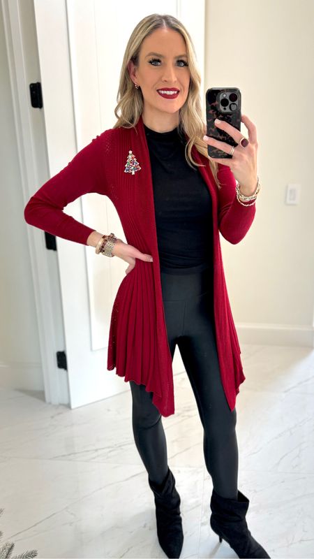 🎄 Holiday Outfit 🎄

Adding a colored cardigan transforms an outfit to fit the mood. This dark red cardigan was festive and complimented my all black ensemble. 

Add in festive or sparky earrings and the entire outfit pops. ✨
This works for every holiday all year long. (Red for Valentine’s Day!) 

One of my recent fave booties are only 2” tall stilettos and super comfortable. 

#everypiecefits

Christmas outfit
Valentine’s Day outfit
Valentine’s Day 
Christmas party outfit 
New Year’s Eve outfit 
Festive outfit 
New Year's Eve party 

#LTKHoliday #LTKSeasonal #LTKover40