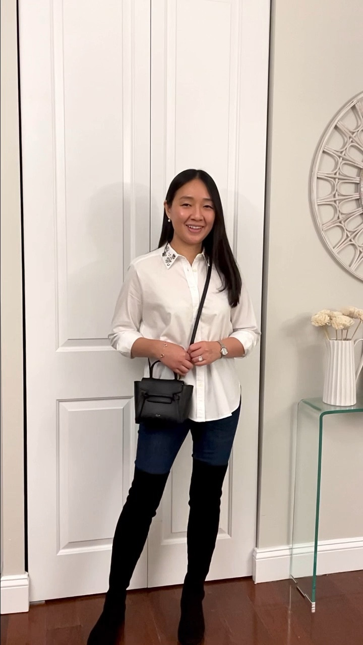 These cozy over the knee boots from VIVAIA arrived just in time as the temperatures in Boston have dropped. VIVAIA makes stylish footwear and apparel incorporating sustainable materials. The exact pair I am reviewing are the Madeline 2.0 Over-Knee Water Repellent Boots. The stretchy upper material is made from recyclable water-repellent wool yarn with an anti-slip and carbon-free rubber outsole.

As measured from size 7 (EU 38) the ankle is 8 inches, the heel is 1.25 inches, the outsole is 10 inches long and the shaft height is 23 inches and for size reference I’m 5′ 2.5″. My usual size runs big (my larger foot is 9.25 inches) but it’s comfortable with thicker socks leaving enough wiggle room for my toes. The shaft fits well for thin/narrow calves. The material has a lot of stretch since I can easily reach inside to adjust and smooth my jeans or leggings if they bunched up while putting on the boots.

Use code XMAS for 20% off everything (excluding accessories and outlets) which is valid through December 31, 2022. The website currently has another code XMAS2022SS for 30% off 3+ items if you want to order a few other styles. 

Shirt in size S petite
Jeans in 0 short

Holiday style

#LTKstyletip #LTKsalealert #LTKshoecrush