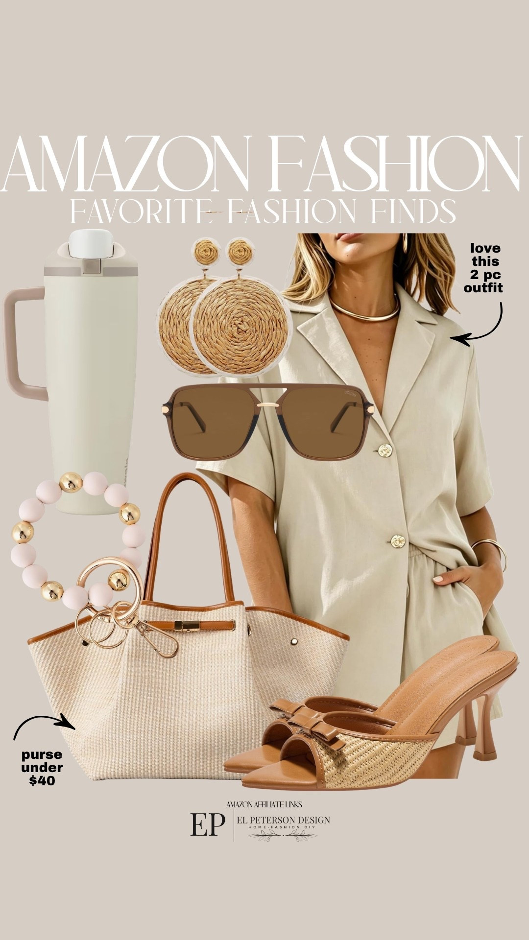 Amazon
2 pc outfit 
Sunglasses
Keychain
Purse
Water tumbler
Earrings
Heels