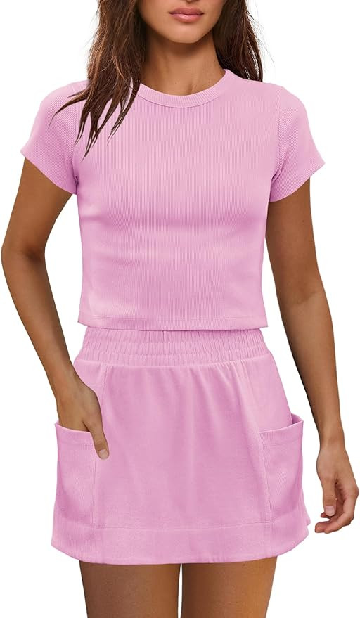 Womens 2 Piece Skirt Sets Two Piece Workout Sets Summer Beach Vacation Outfits Short Sleeve Tops ... | Amazon (US)