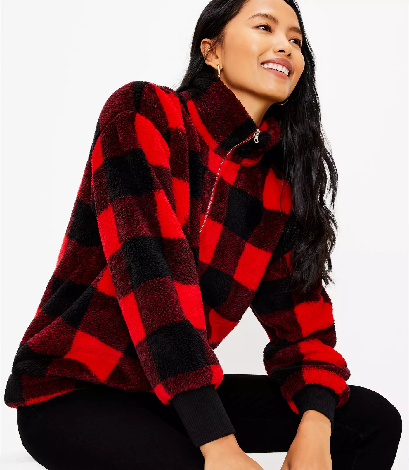 Buffalo Plaid Sherpa Zip Sweatshirt | LOFT | LOFT