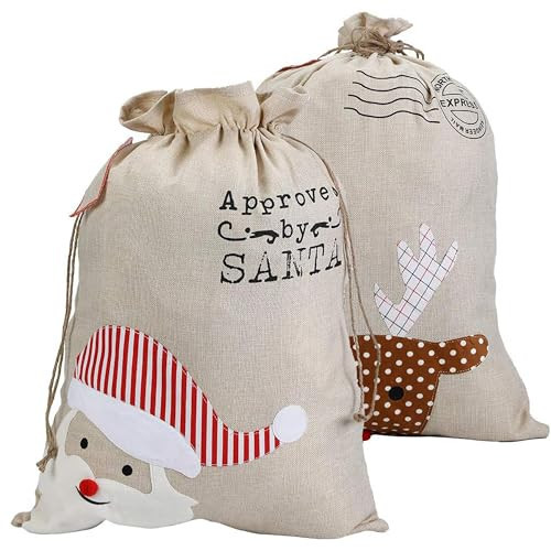 Mzjeaziany 2pcs Santa Sacks with Drawstring Christmas Bags Fabric Christmas Gift Bags Large Size Reusable Personalized Santa Bags for Xmas Package Storage with Santa Claus and Reindeer | Amazon (US)