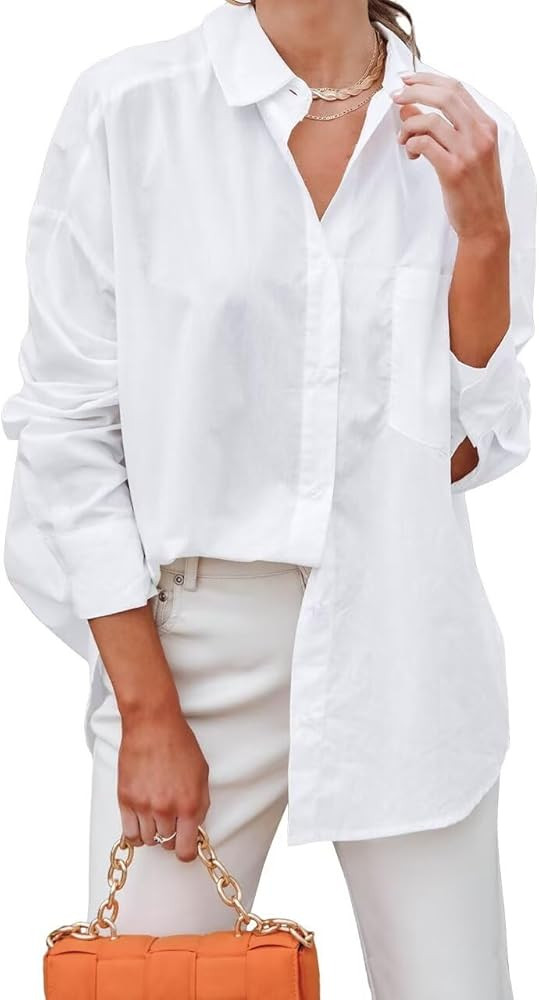BONITEE Womens Fall Long Sleeve Button Down Shirts Casual V Neck Business Work Oversized Button U... | Amazon (US)