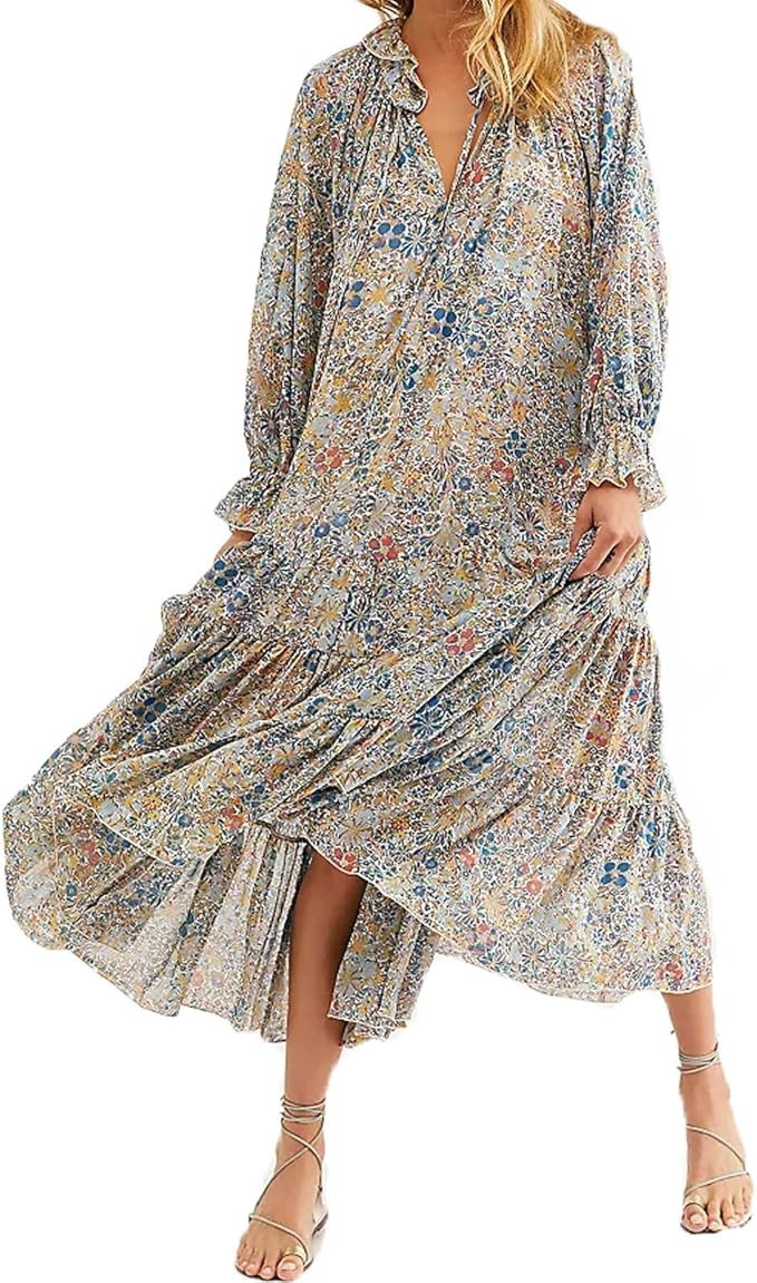 Women Boho Floral Maxi Dress Puff Sleeve Flowy Long Dress V Neck Loose Fit Shirt Dress Bohemian T... | Amazon (US)