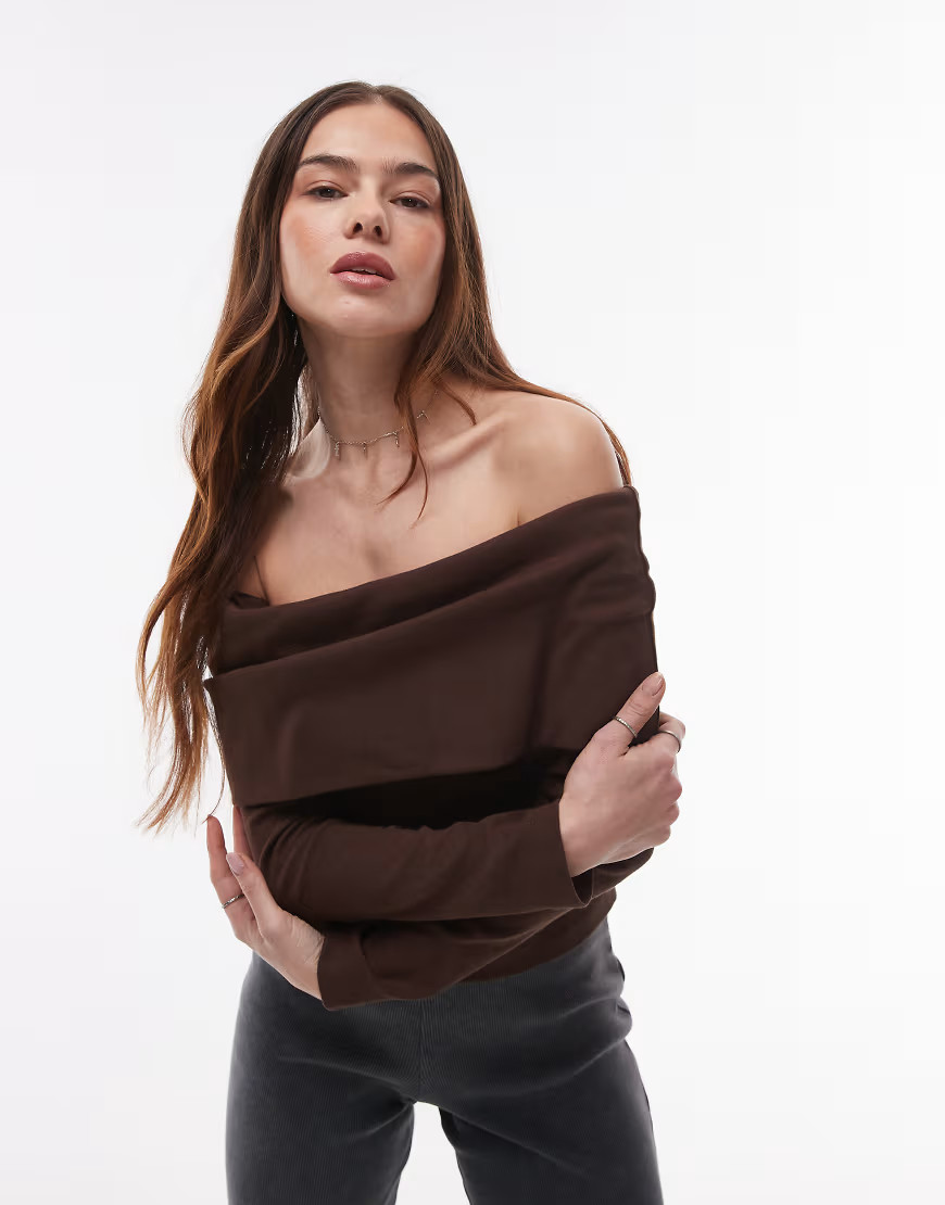Topshop off the shoulder jersey top in brown | ASOS (Global)