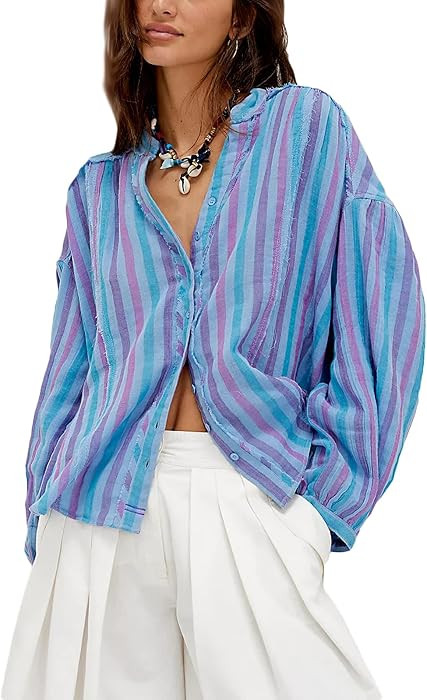 Womens Long Balloon Sleeve Button Open Front Striped Blouse Shirts Y2k Loose Drop Shoulder Cute R... | Amazon (US)