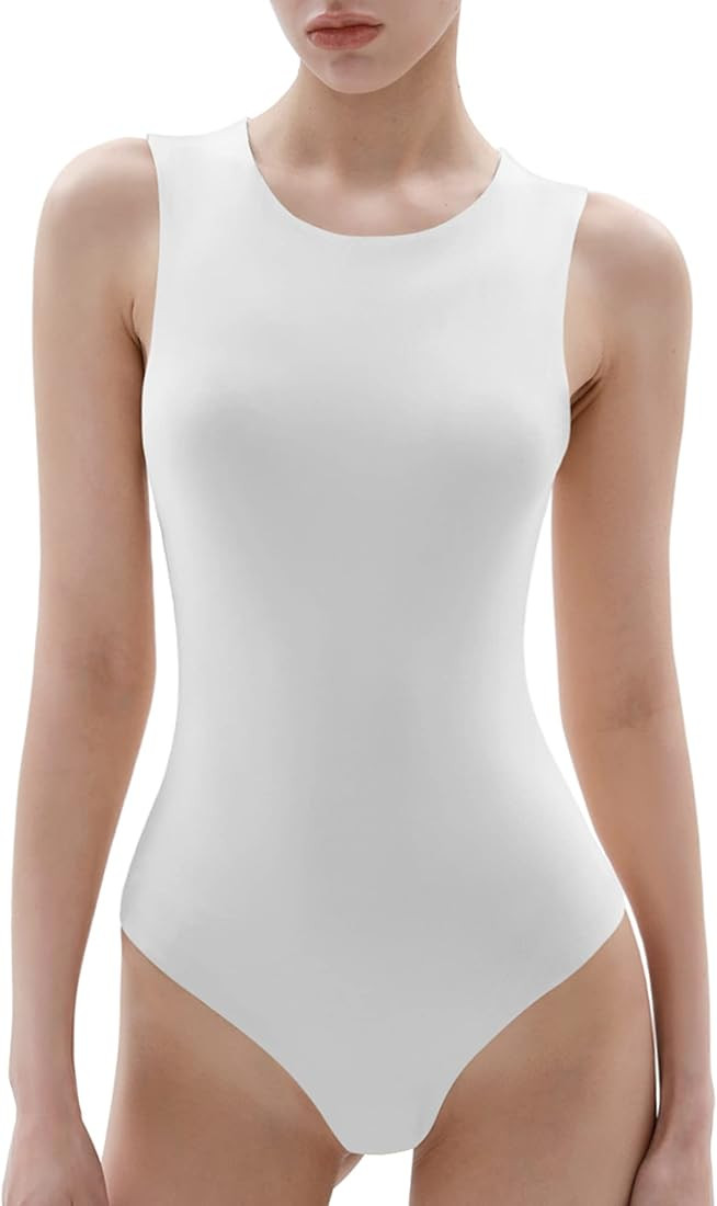 UEU Women's Sleeveless Ribbed Bodysuit Halter Neck Slimming Basic Tank Body Suit | Amazon (US)