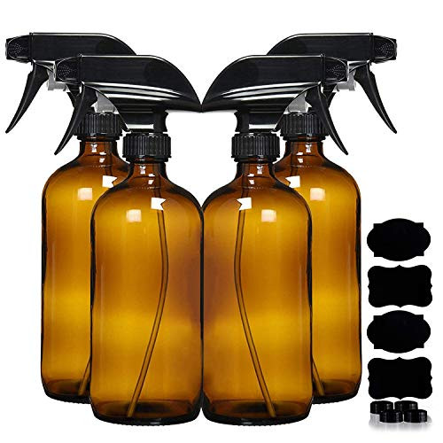 Homeries Amber Glass Spray Bottles For Cleaning Solutions (4 Pack) - 16 Ounce, Refillable Sprayer for Essential Oil, Water, Kitchen, Hair. Durable Black Trigger Sprayer w/Mist and Stream Settings | Amazon (US)