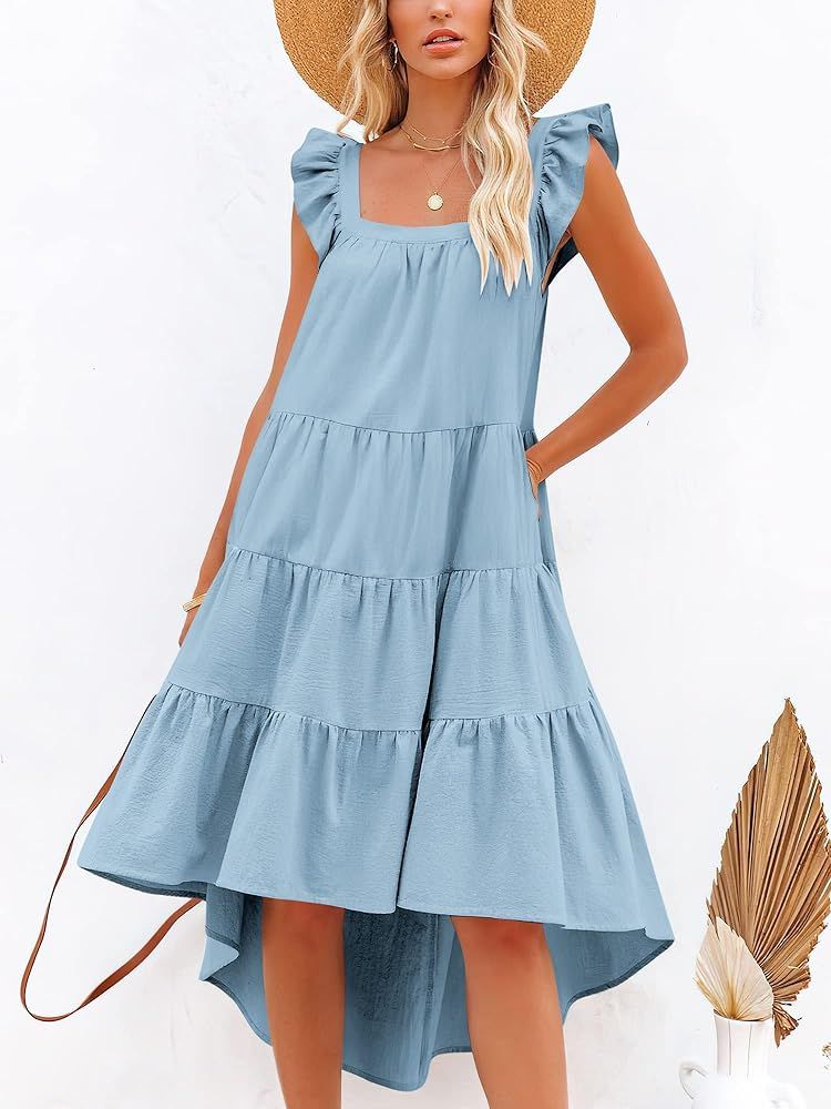 Prinbara Women's Summer Midi Dress Sleeveless Ruffle Sleeve Colorblock Solid Loose Fit Flowy Pleated | Amazon (US)