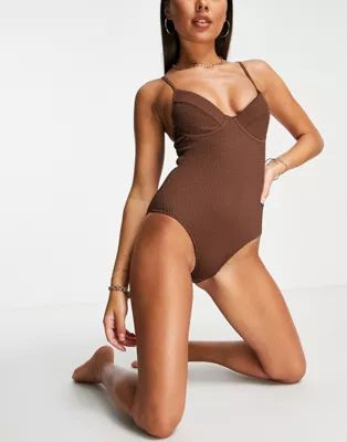 Monki recycled underwire ribbed swimsuit in brown | ASOS (Global)