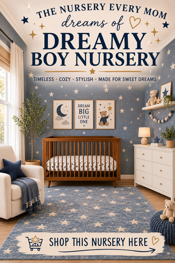 Create the dreamy boy nursery you've been envisioning with this cozy star-themed design featuring a modern wood crib, so