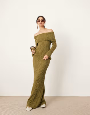 ASOS EDITION knitted bardot layered long sleeve top and full maxi skirt set in green | ASOS (Global)