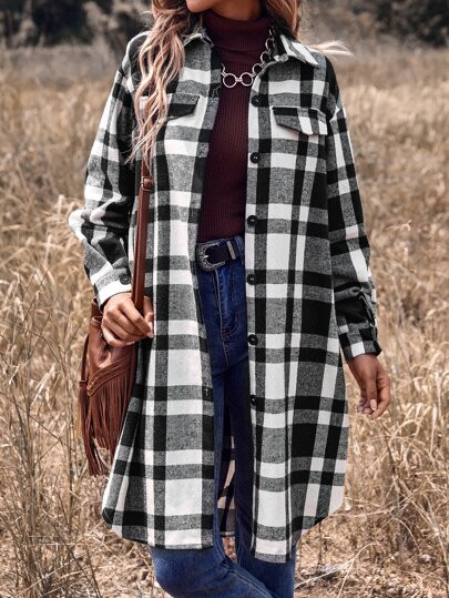 Plaid Flap Detail Curved Hem Coat | SHEIN