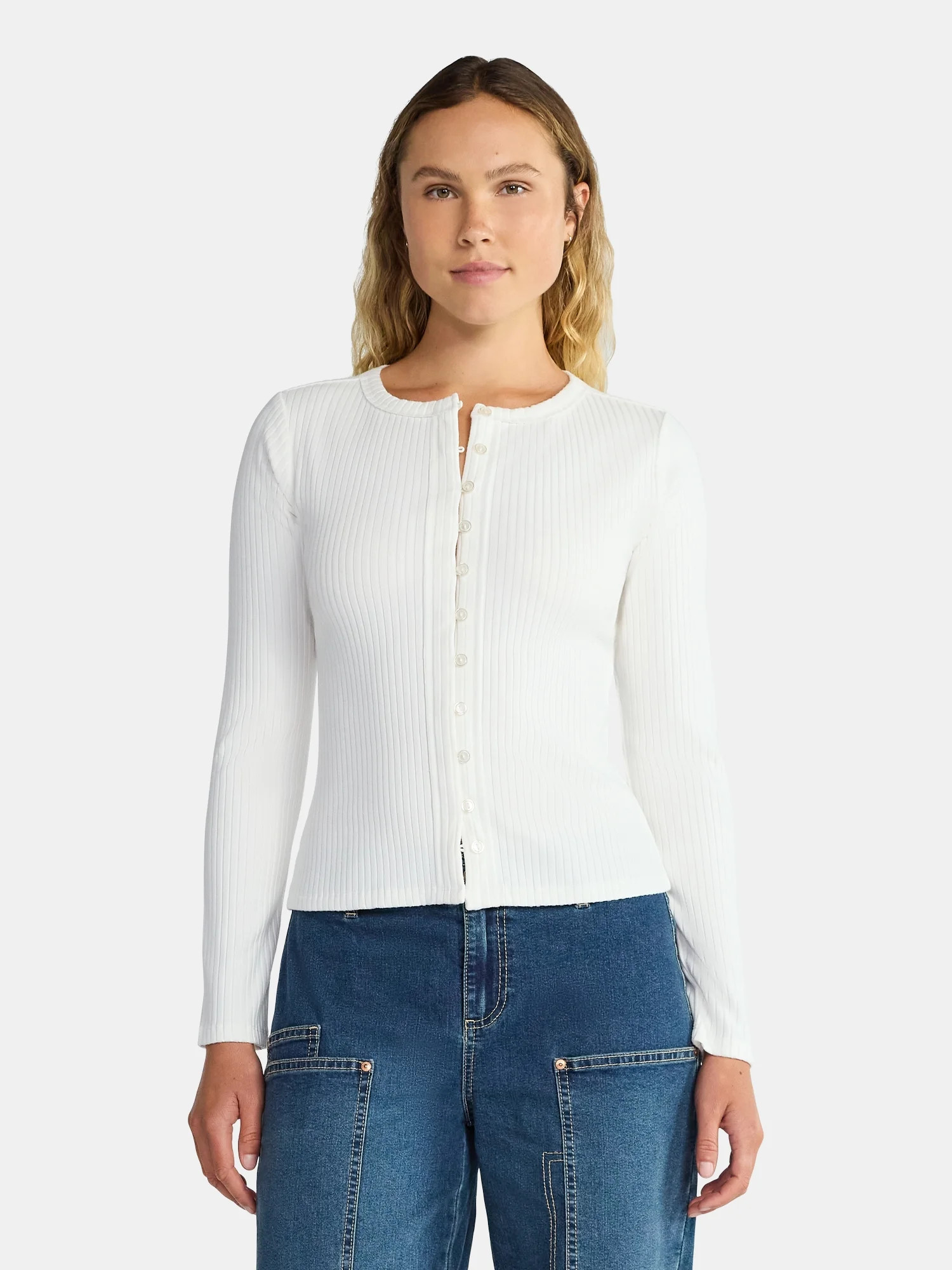 Madden NYC Women's Button Up Ribbed Top with Long Sleeves, Sizes XXS-XXL | Walmart (US)