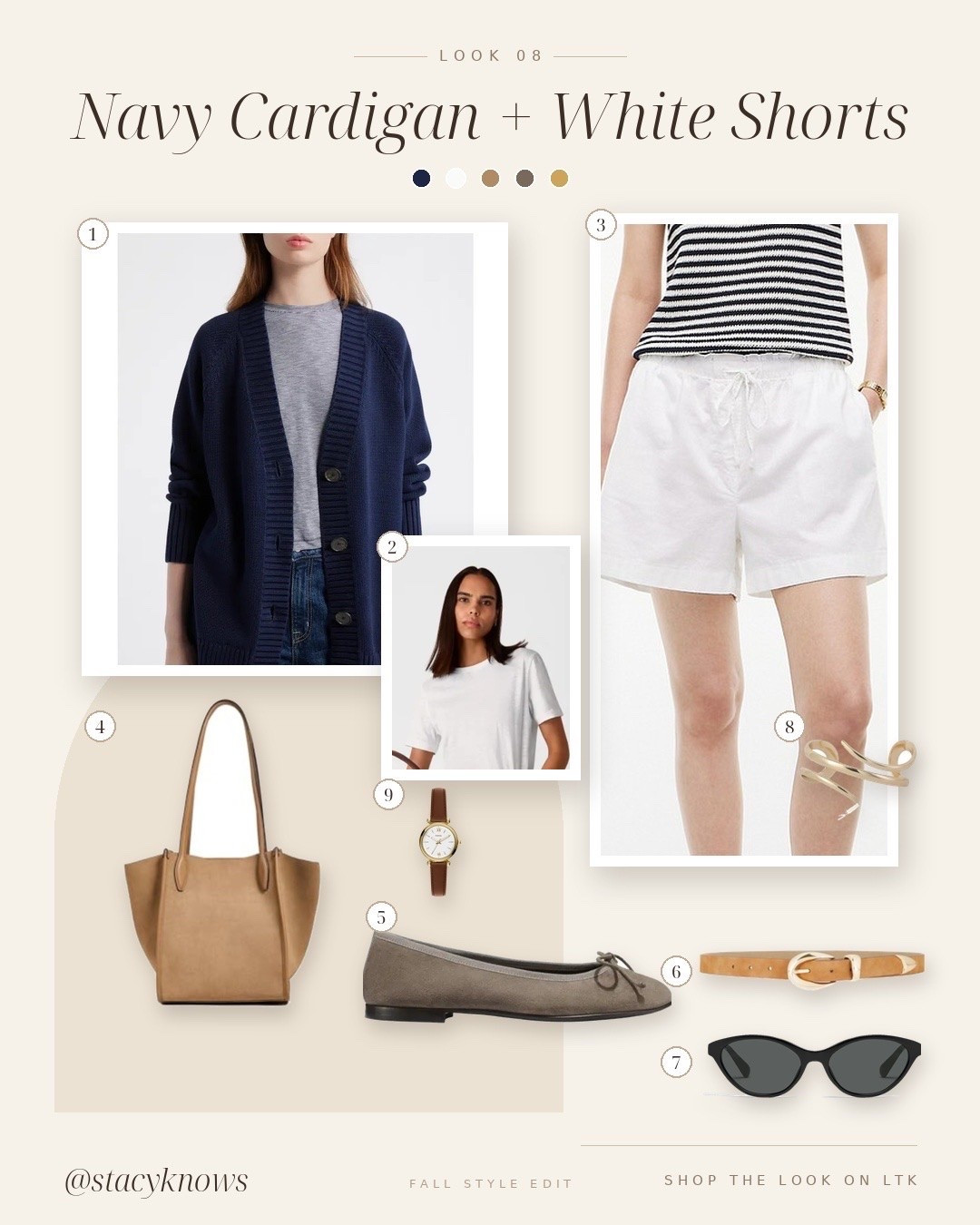Fall Style Edit 08: Navy Cardigan + White Shorts. An oversized navy cardigan, white tee and easy white shorts with suede flats and a tan tote. A light layer for the in-between days. #fallstyle #falloutfits #navycardigan #whiteshorts #womenover40