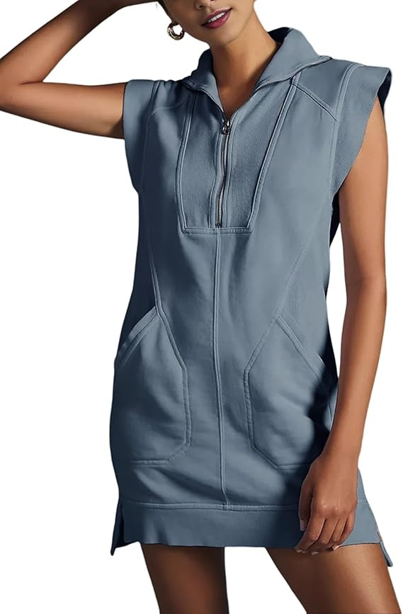 Qiaomai Womens Half Zip Sweatshirt Dresses Summer V Neck Sleeveless Pullover Tunic Tops Mini Dres... | Amazon (US)