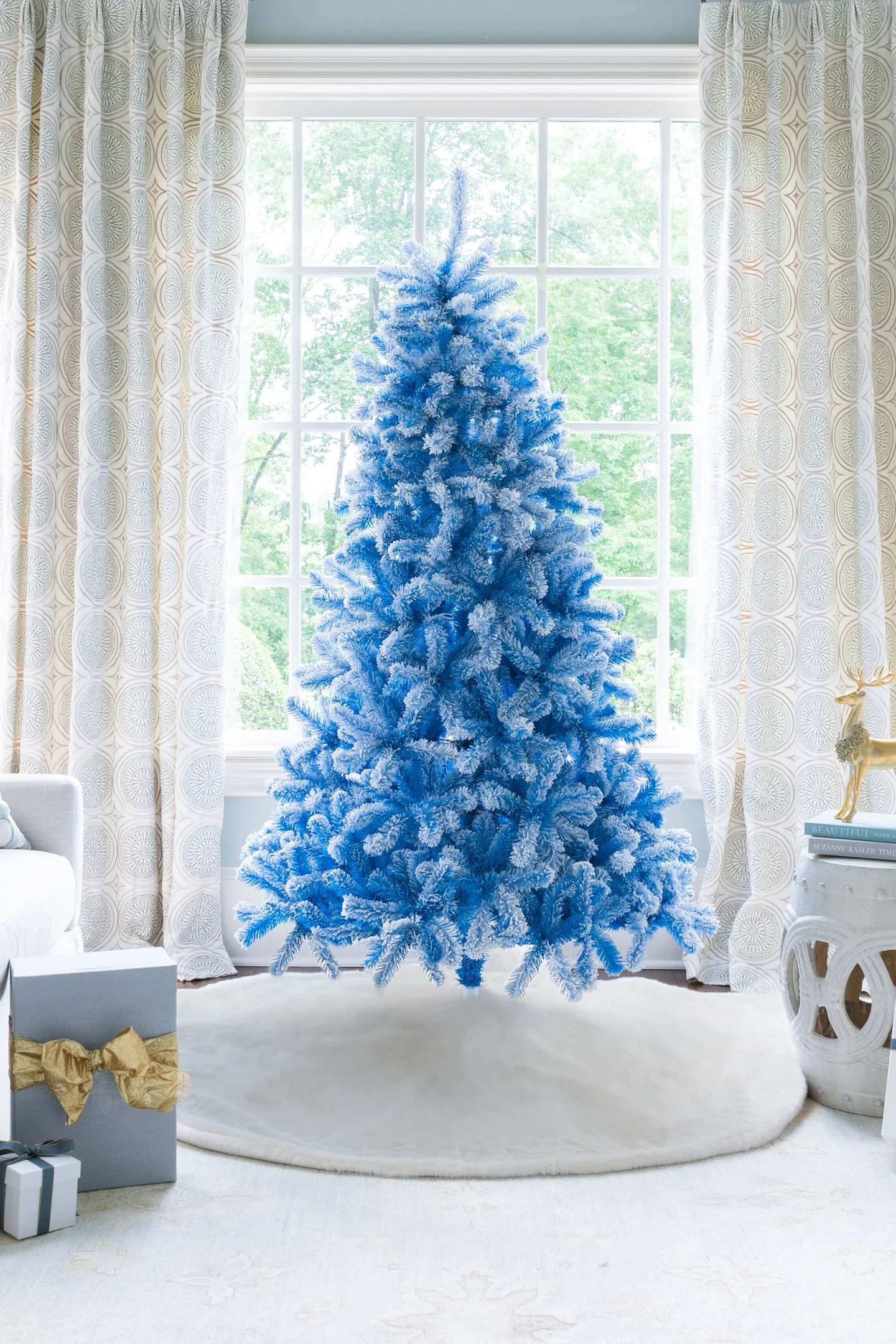 6.5' Duchess Blue Flock Artificial Christmas Tree with 500 Warm White LED Lights | King of Christmas