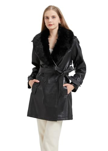 GRAN ORIENTE Women's Faux Leather Trench Coat Overcoat with Detachable Fur Collar,Winter Mid Length Pea Coat Belted Jacket (052 Black S) | Amazon (US)