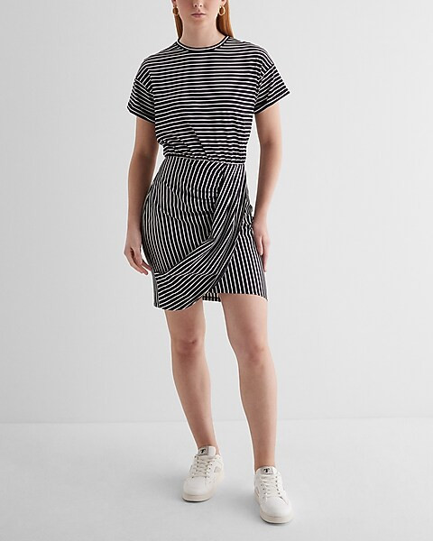 Striped Crew Neck Short Sleeve Draped T-Shirt Dress | Express