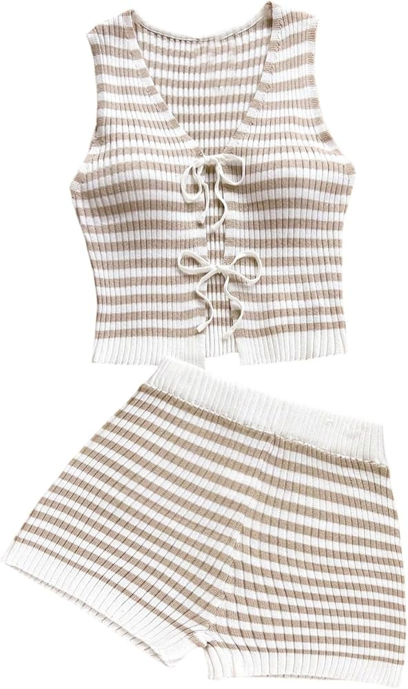 GORGLITTER Women's Crochet Sets Summer Vacation Two Piece Outfits Striped Tie Front Knit Crop Tan... | Amazon (CA)