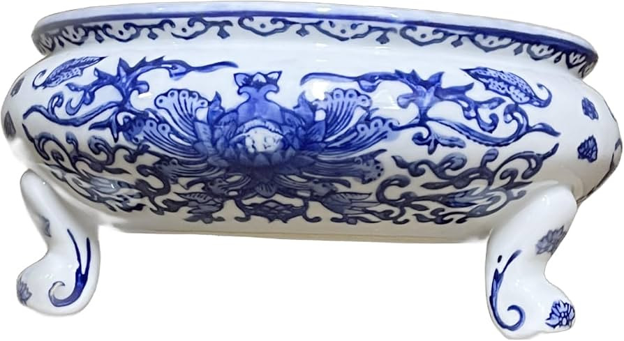 9.5" Diameter Oriental Lotus & Vine Design Blue & White Bamboo Succulent Catus Planter Popourri Holder Bowl with Decorative Feet | Amazon (US)