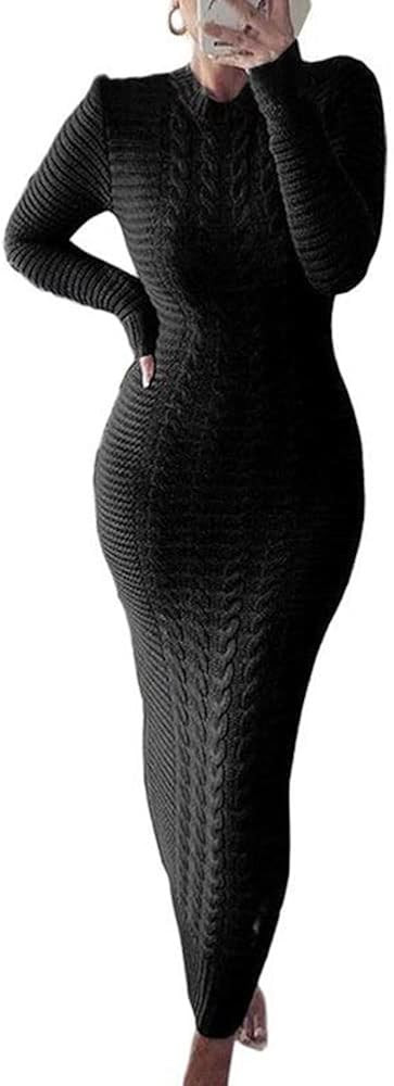 chouyatou Women's Sexy Crewneck Long Sleeve Cable Knit Bodycon Maxi Pullover Sweater Dress | Amazon (US)