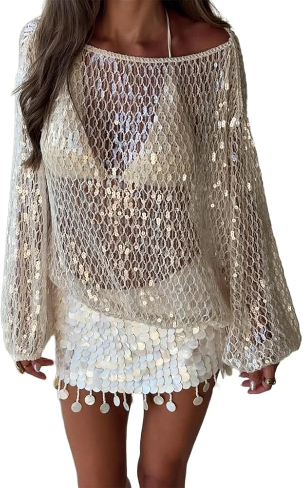 Women's Sequin Sheer Mesh Long Sleeve Tops Summer Casual Y2K Trendy Loose Fit Sparkly T Shirt Top... | Amazon (US)