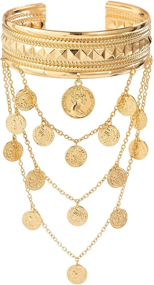 Cowboy Gold Metal Leaf Coin Tassel Arm Cuff for Women Vintage Leaf Coin Tassel Upper Arm Bracelet... | Amazon (US)