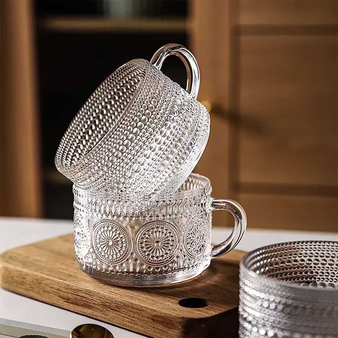 4pc Vintage Coffee Mugs |Glass Coffee Mugs 14 Oz Set Embossed Glass Cups| Coffee Cups for Espress... | Etsy (US)